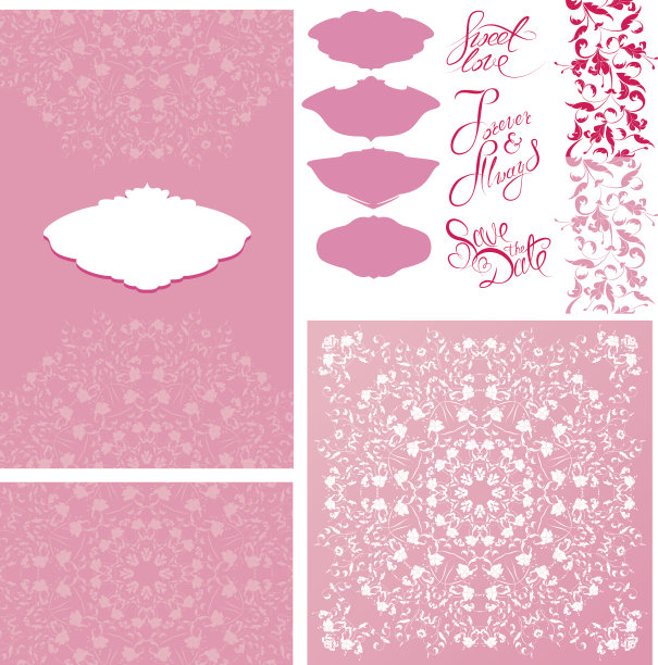 一套婚礼邀请卡与花卉元素。图片下载