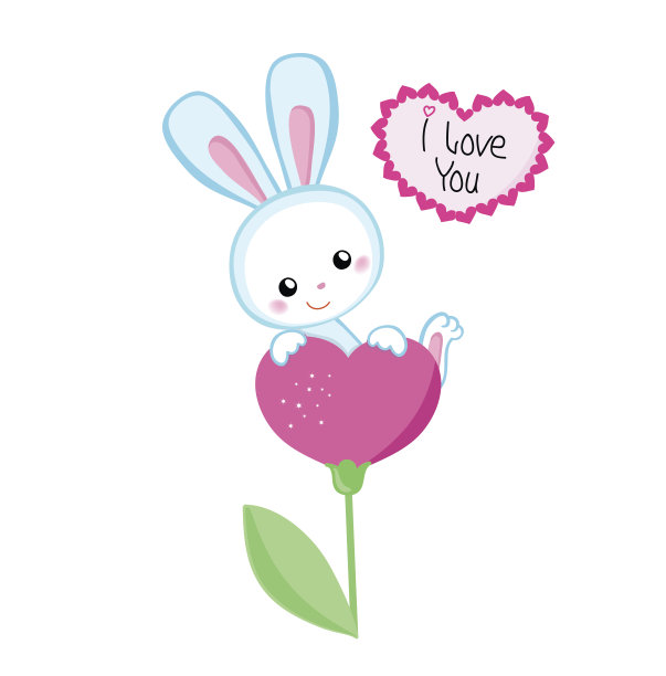 可爱的卡通兔子坐在白色背景的花心上。图片下载