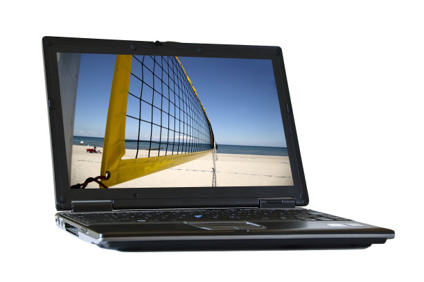 一个孤立的笔记本电脑屏幕上的沙滩排球网图片下载