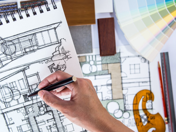 建筑师手绘的家居插画与材料样本，改造概念图片下载