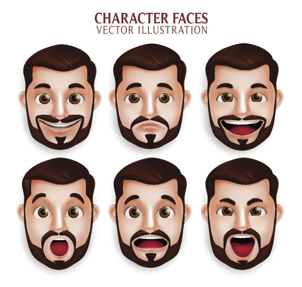 3D逼真胡须男人头部不同面部表情图片下载