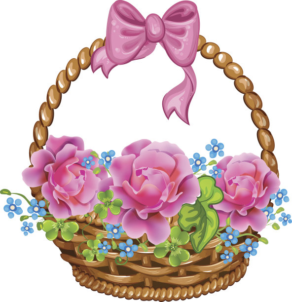 有粉红玫瑰的篮子。图片下载