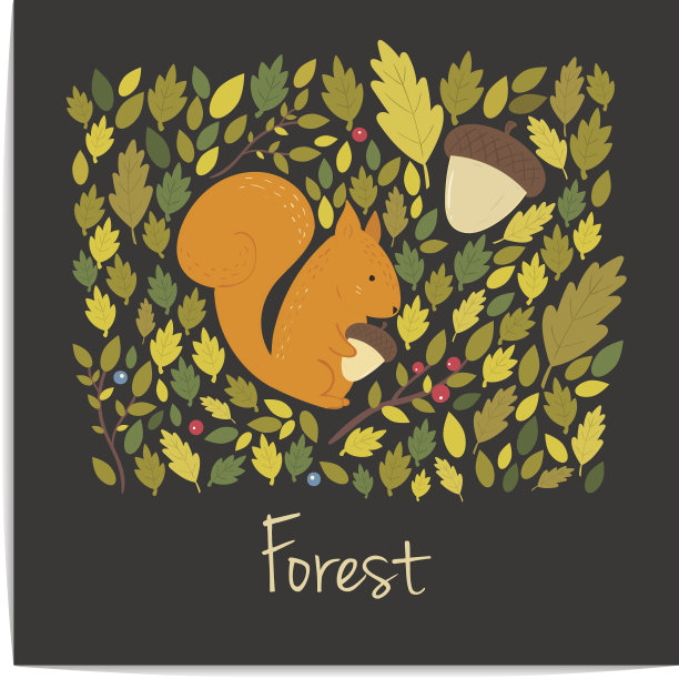 带橡子、树叶和松鼠的矢量森林卡片图片下载