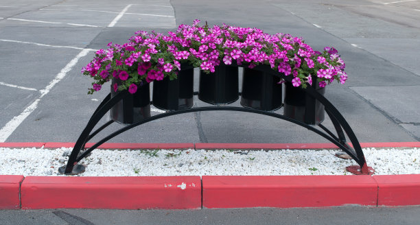 镶着深红色旋花的金属花瓶在街上图片下载