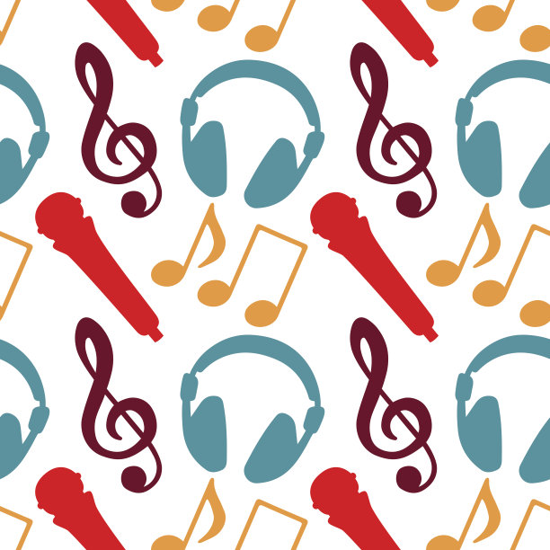 无缝模式的音乐音符，高音谱号，麦克风，耳机图片下载