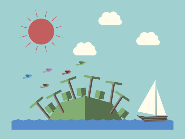 岛屿，船和太阳图片下载