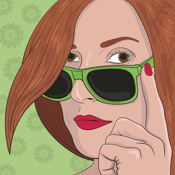 一个戴着墨镜的漂亮女孩的矢量头。图片下载