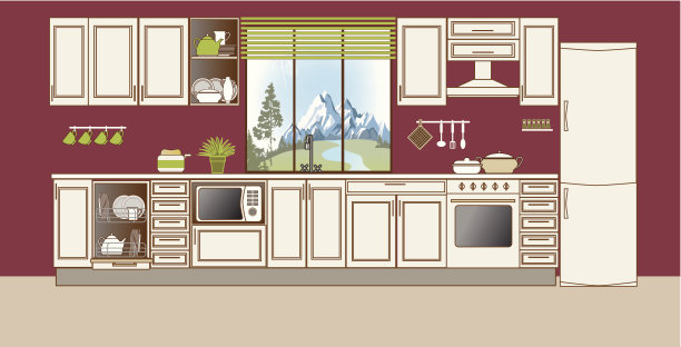 向量厨房内部。平面设计因袭。素材图片