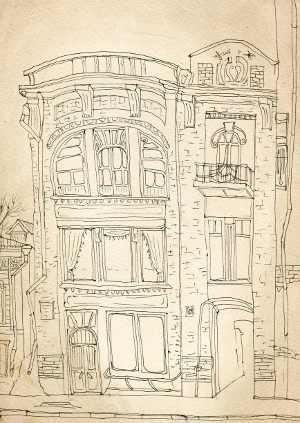 城市街道上的老房子。素描,画图片下载