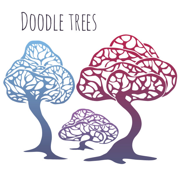 复古彩色手绘花边树图片下载