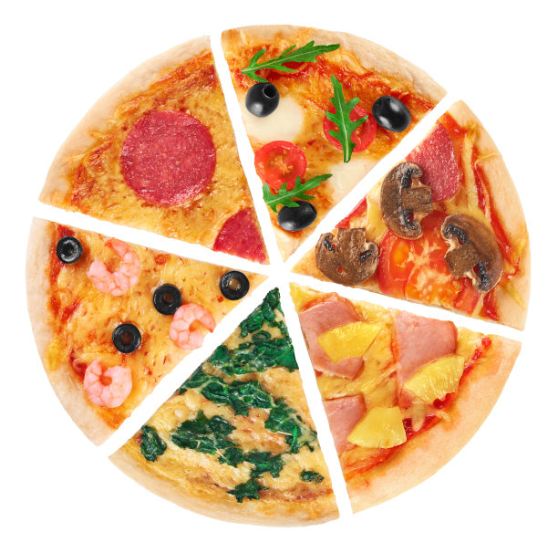 白色背景上的披萨。收集。图片下载