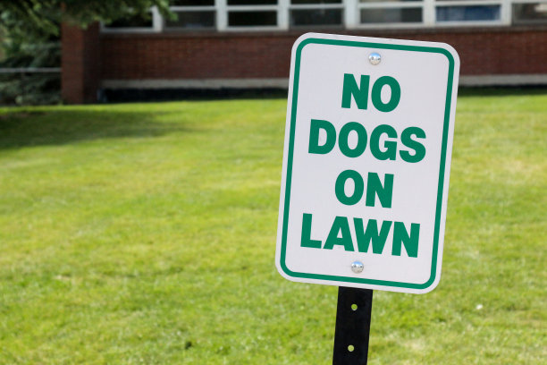 “草坪上禁止狗”的标志，后面是草地图片下载