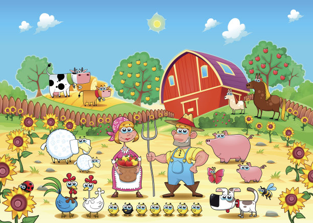 有趣的农场场景与动物和农民图片下载