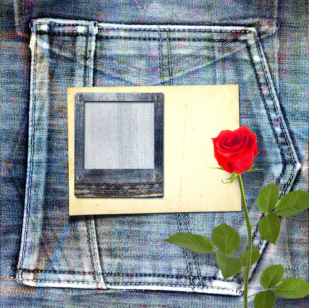 老式明信片，蓝色牛仔裤上有美丽的红玫瑰图片下载