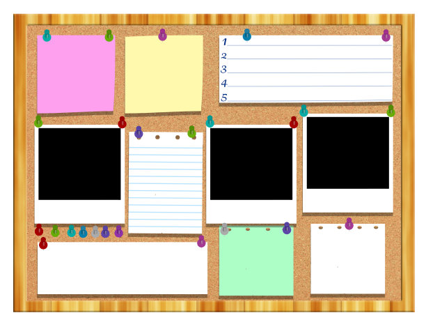 软木板与各种注释和画框图片下载