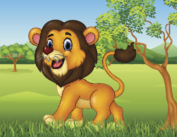 卡通滑稽的狮子在丛林中行走的背景素材图片