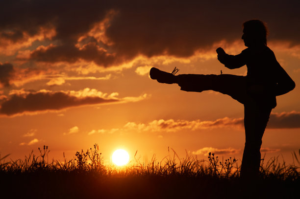 日落时分，一名男子在草地上练习空手道。图片下载
