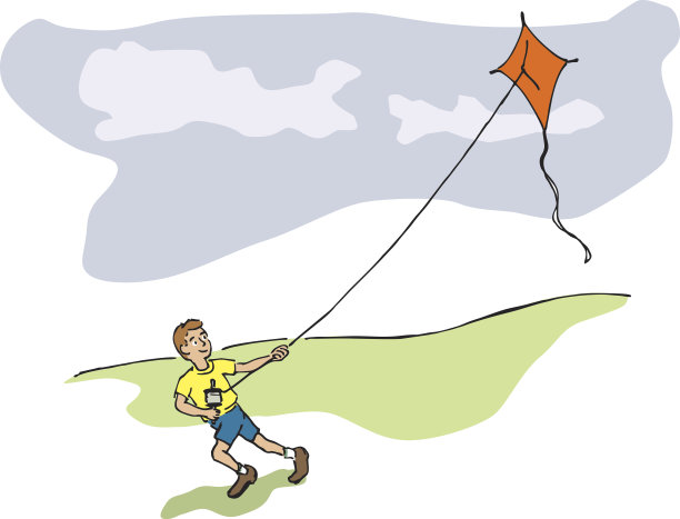 一个男孩在绿色的山上放红色的风筝图片下载