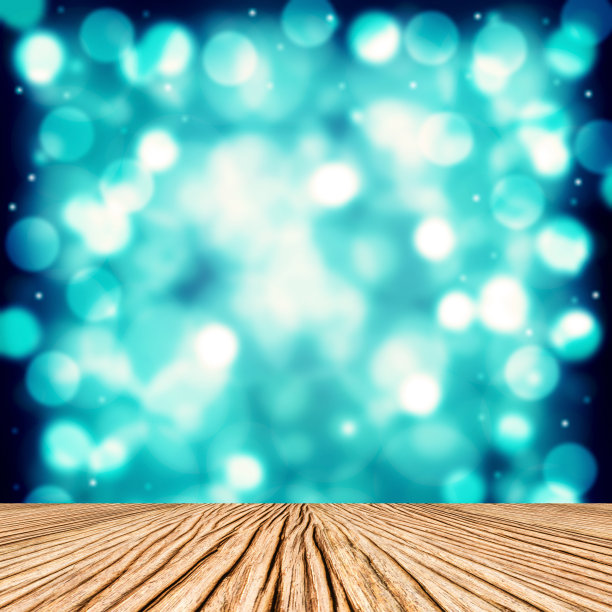 蓝色的散景和棕色的木材背景图片下载