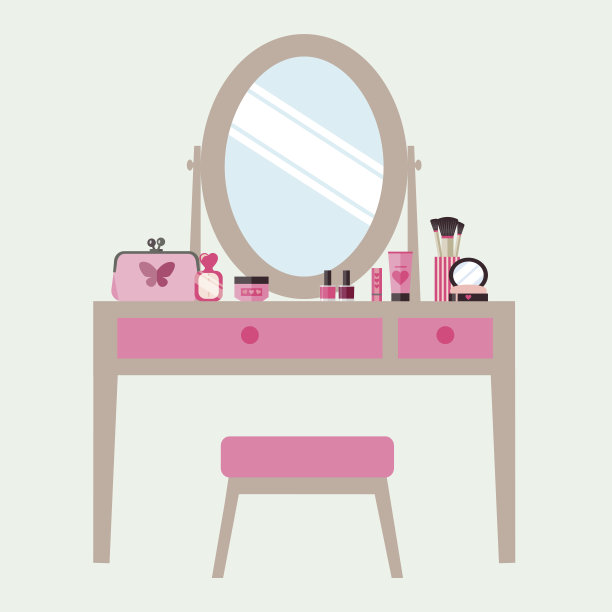 平梳妆台与化妆品。矢量图图片下载