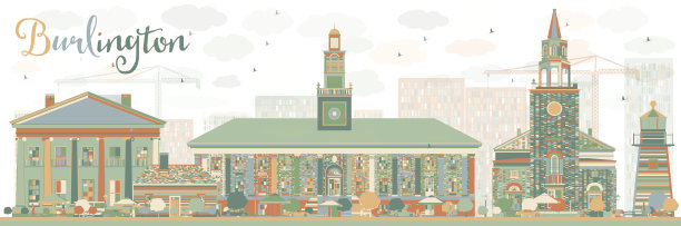 带有彩色建筑的伯灵顿(佛蒙特)城市天际线图片下载
