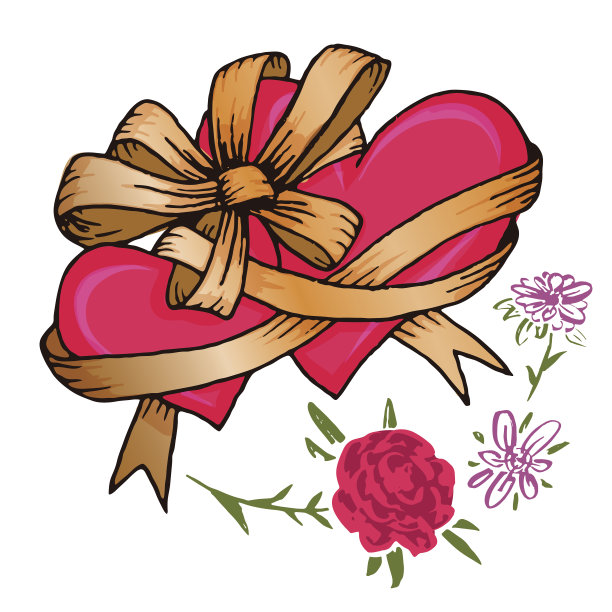 两颗心，用蝴蝶结和鲜花系在一起图片下载