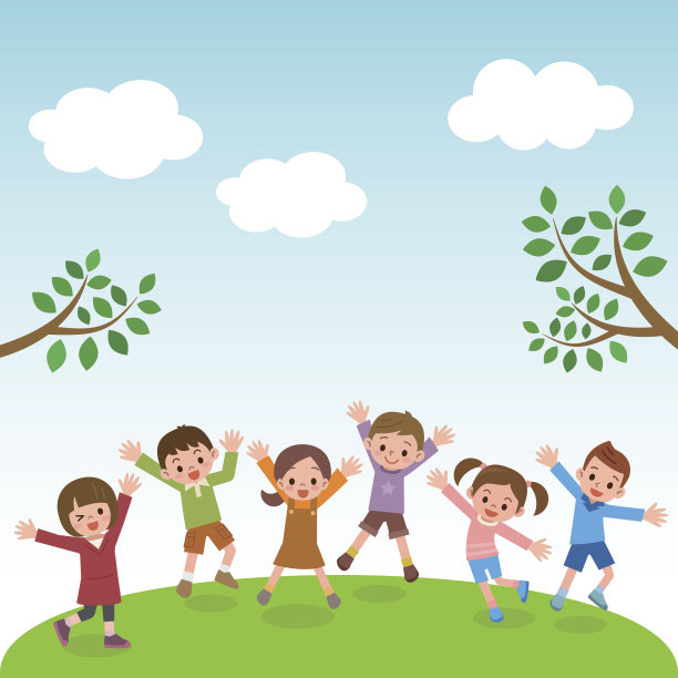 一群孩子在蓝天下的草地上跳跃图片下载