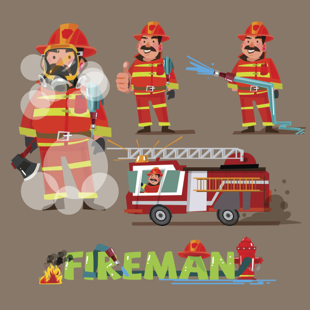 消防队员在行动。带有排版设计的字符集-向量素材图片