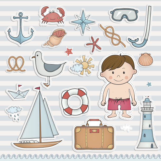 旅游集。手绘夏季标签。图片下载