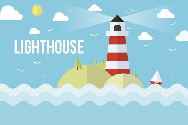 岛上的灯塔，有树和云。图片下载