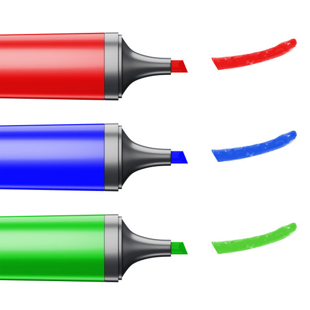 三支彩色的记号笔在白色的背景上描绘一条线。图片下载