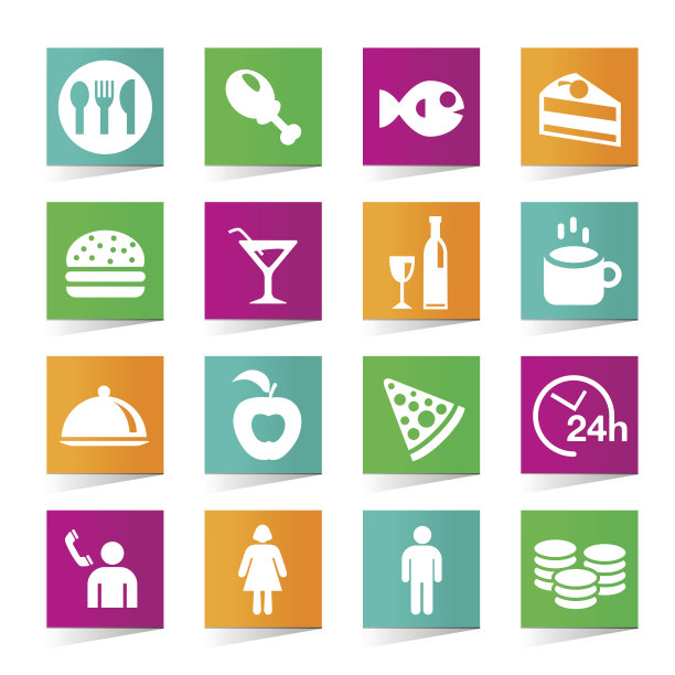 在白色背景上的通用餐厅图标的设置。图片下载