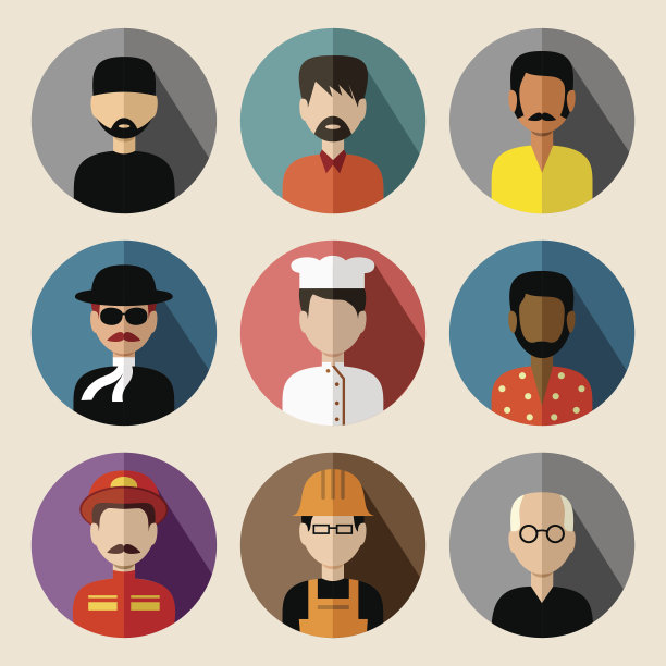 一套圆形的平面图标与男人。图片下载