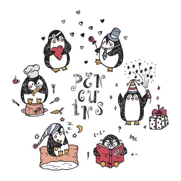 手绘涂鸦可爱的企鹅矢量集图片下载