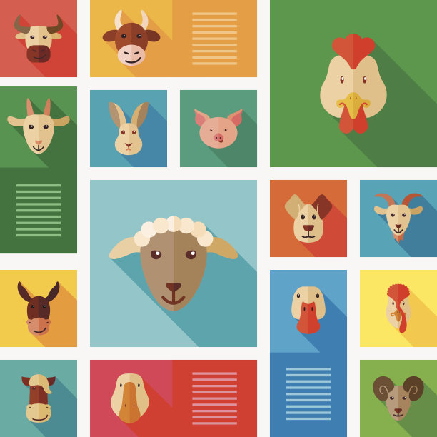 彩色的平面农场动物图标与长影子图片下载