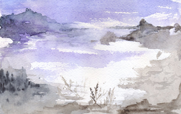 水彩紫月夜湖山景观图片下载