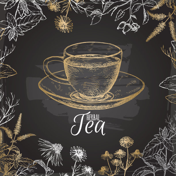 茶标签与手绘茶杯和草药图片下载
