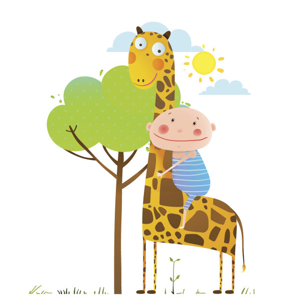 小男孩拥抱着长颈鹿，幼稚的友谊图片下载