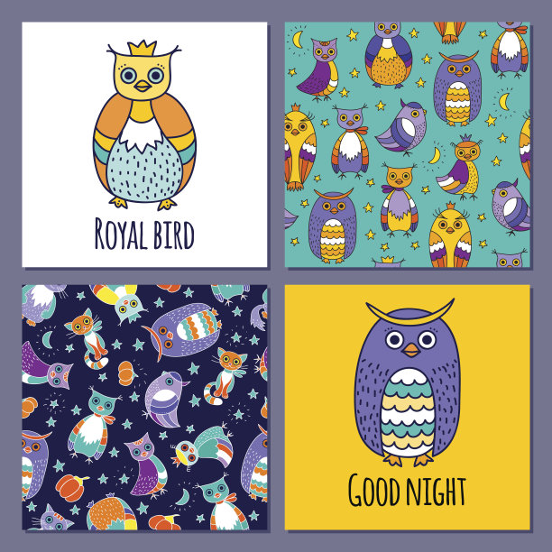 向量集合猫头鹰和两个无缝模式图片下载