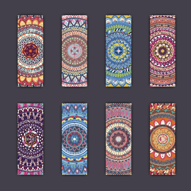 旗帜卡设置花卉色彩鲜艳的装饰曼陀罗元素背景。图片下载