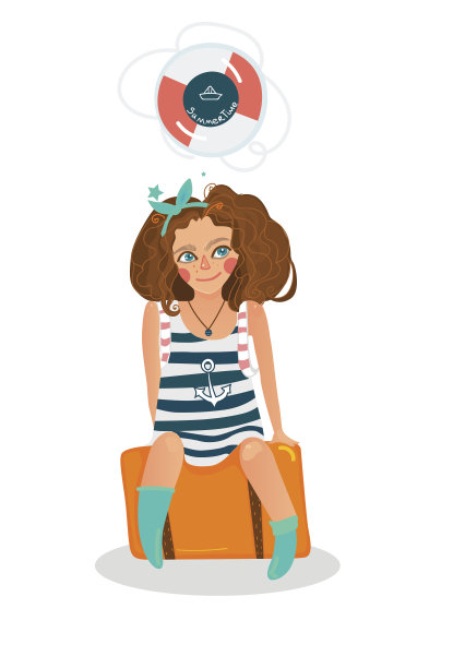 一个女孩坐在手提箱上图片下载