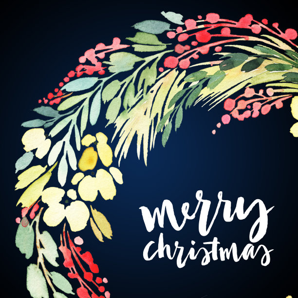 圣诞花环水彩。手工制作的。节日卡片。图片下载