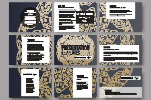 用于演示幻灯片的9个模板集。金色的微芯片模式图片下载