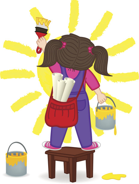 女孩站在椅子上画太阳图片下载