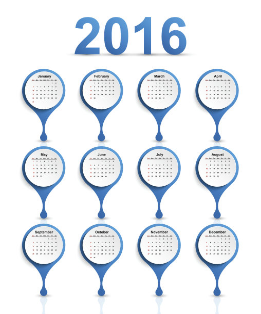 矢量简单日历2016年。图片下载