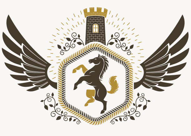 纹章纹章装饰徽章，矢量插图的马和中世纪要塞图片下载