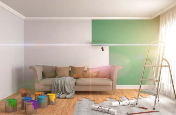 修理和粉刷房间的墙壁。3 d演示。图片下载
