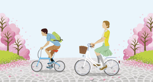 自行车匿名男人和女人-樱桃树- EPS10图片下载