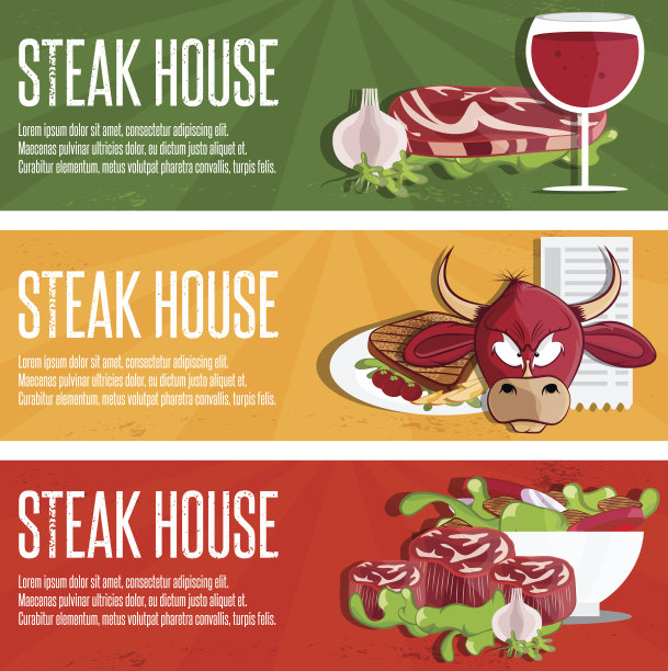 牛排馆的矢量横幅上有公牛，肉，酒和沙拉图片下载