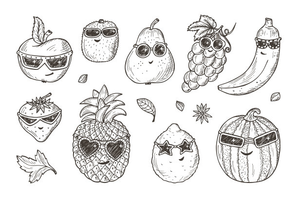 水果图标集。有趣的时尚时尚的浆果和水果与太阳镜。手绘涂鸦苹果，猕猴桃，梨，葡萄，香蕉，草莓，菠萝，柠檬，西瓜图片下载
